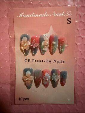 Handmade CE Press-On Nails - Pink & Blue Floral 10-Pack